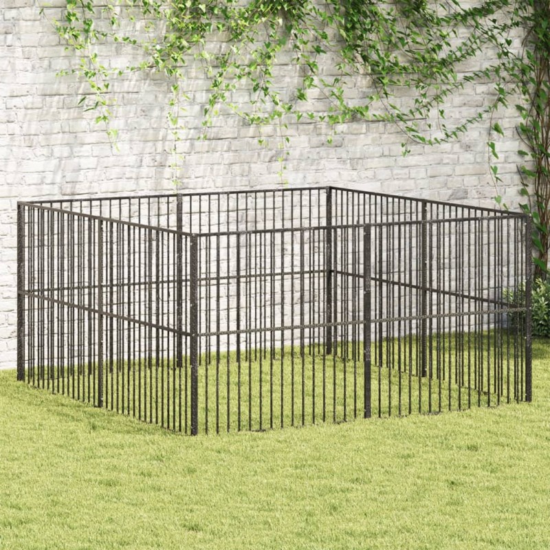 Parque para cães com 8 painéis aço galvanizado preto-Casotas para cães-Home Retail