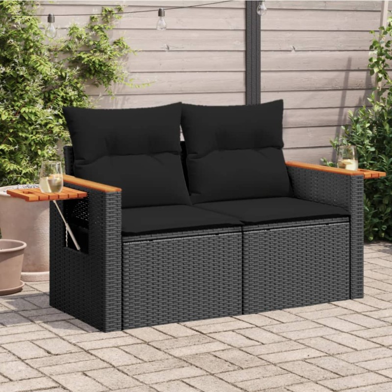 Sofá de jardim com almofadões 2 lugares vime PE preto-Sofás para exterior-Home Retail