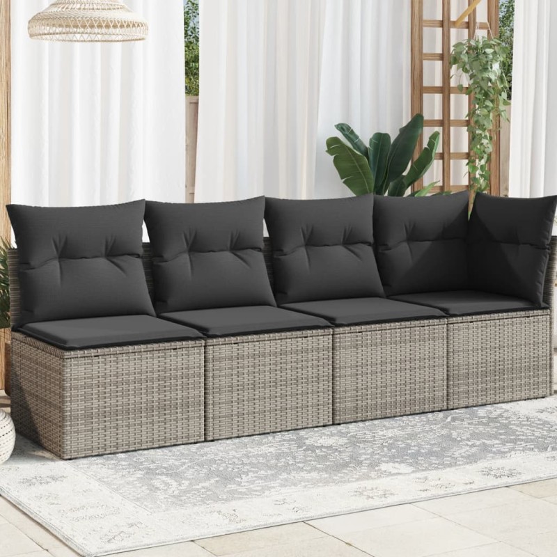 Sofá de jardim 4 lugares com almofadões vime PE cinzento-Sofás para exterior-Home Retail