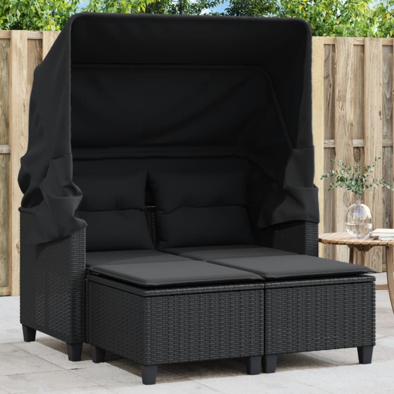 Sofá de jardim de 2 lugares com toldo e bancos vime PE preto-Sofás para exterior-Home Retail