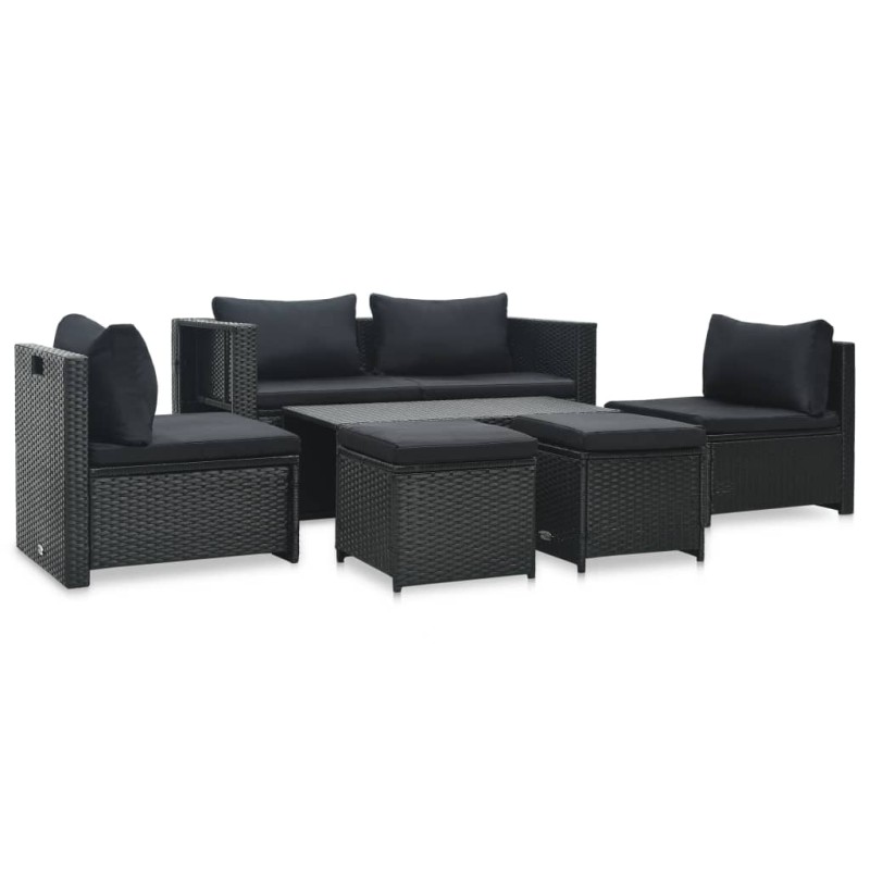 6 pcs conjunto lounge de jardim c/ almofadões vime PE preto-Conjuntos de jardim-Home Retail