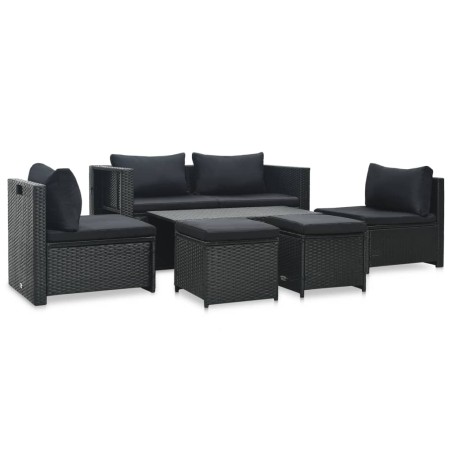 6 pcs conjunto lounge de jardim c/ almofadões vime PE preto