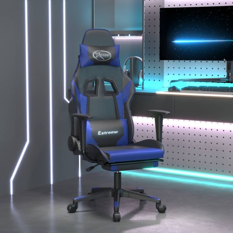 Cadeira gaming c/ apoio para pés couro artificial preto e azul-Cadeiras de jogo-Home Retail