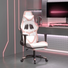 Cadeira gaming com apoio p/ pés couro artificial branco e rosa