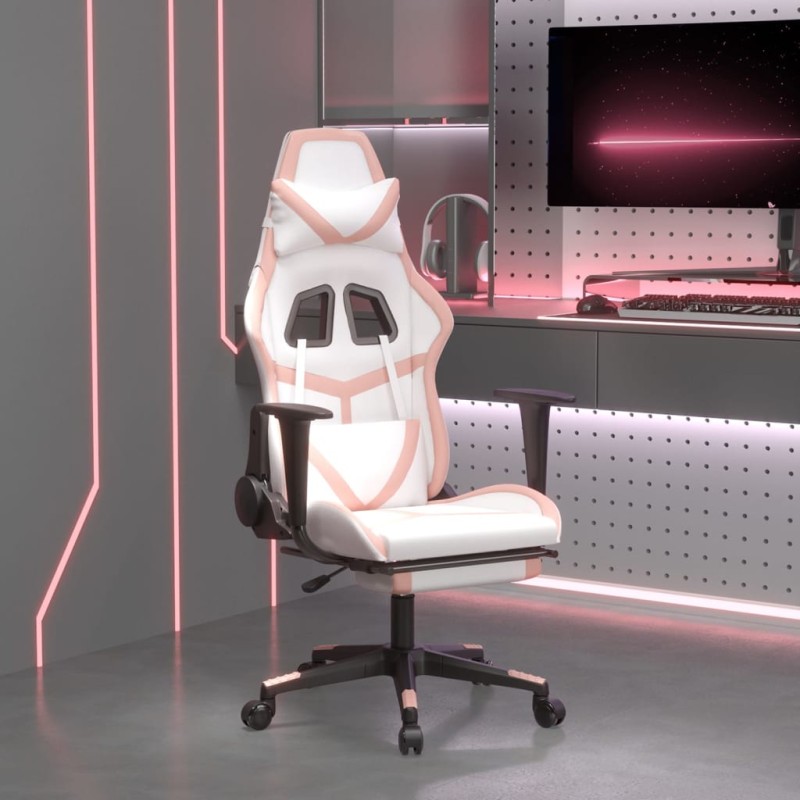 Cadeira gaming com apoio p/ pés couro artificial branco e rosa-Cadeiras de jogo-Home Retail