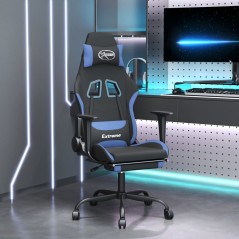 vidaxL Cadeira de gaming com apoio para os pés tecido preto e azul