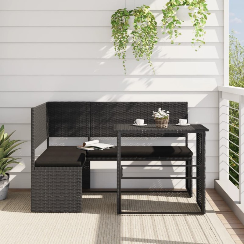 Sofá de jardim em forma de L c/ mesa e almofadões vime PE preto-Sofás para exterior-Home Retail