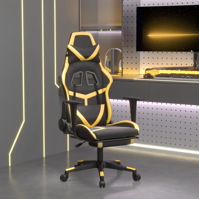 Cadeira gaming c/ apoio pés couro artificial preto e dourado-Cadeiras de jogo-Home Retail