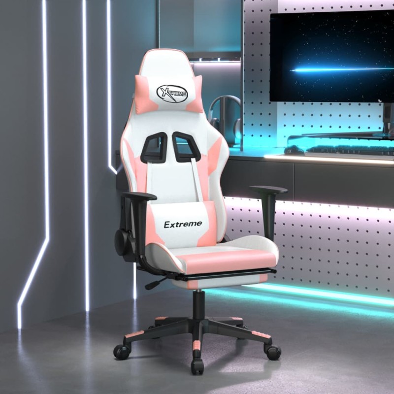 Cadeira gaming com apoio p/ pés couro artificial branco e rosa-Cadeiras de jogo-Home Retail