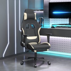 vidaxL Cadeira de gaming c/ apoio para os pés tecido preto e creme