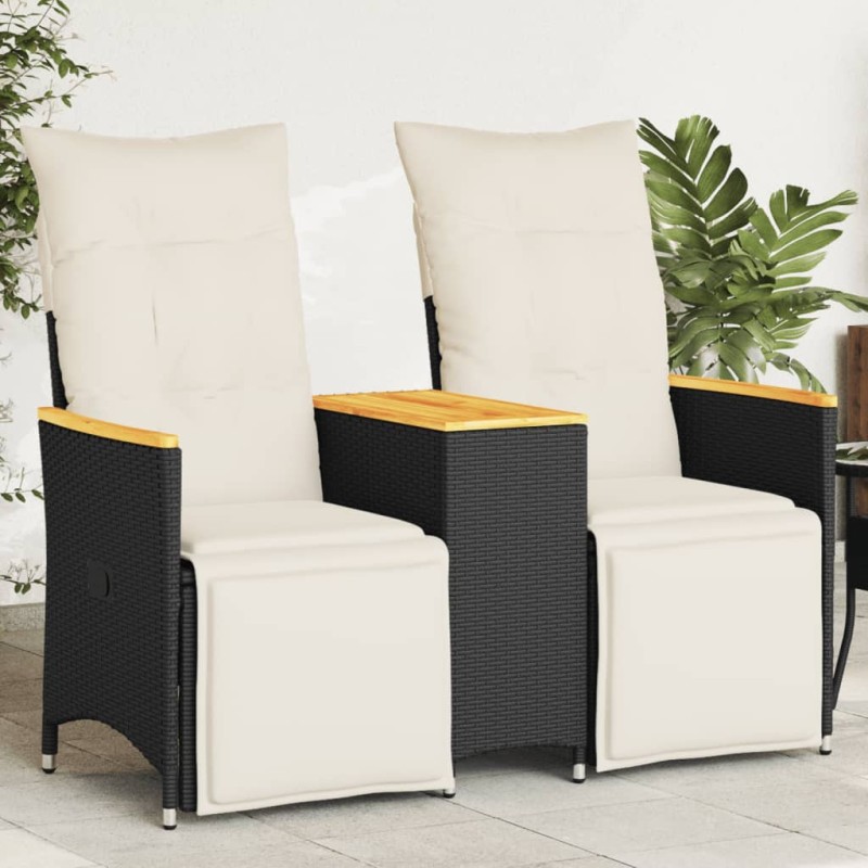 Sofá de jardim reclinável 2 lugares com mesa vime PE preto-Sofás para exterior-Home Retail