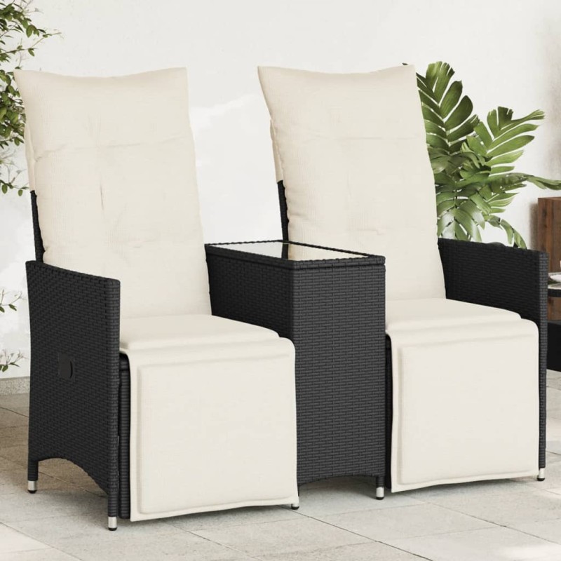 Sofá de jardim reclinável 2 lugares com mesa vime PE preto-Sofás para exterior-Home Retail