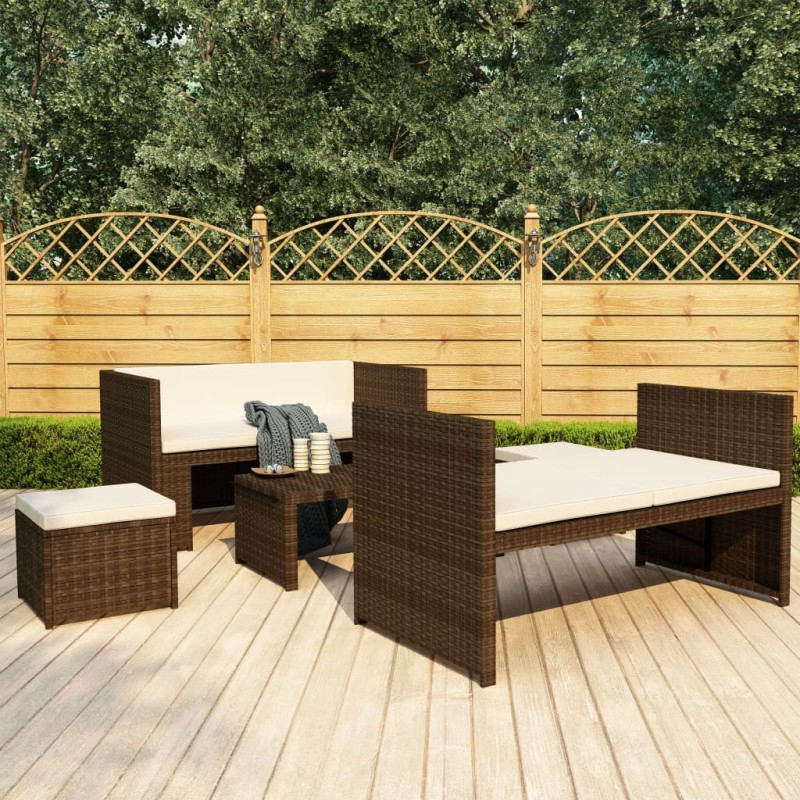 5 pcs conjunto lounge jardim c/ almofadões vime PE castanho-Conjuntos de jardim-Home Retail