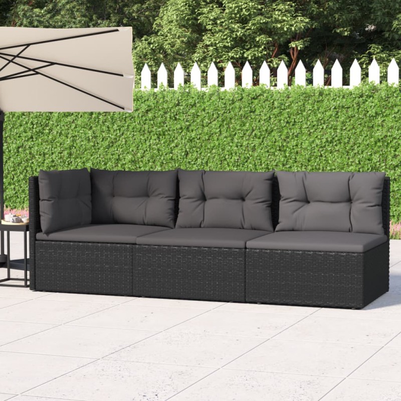 3 pcs conjunto lounge de jardim c/ almofadões vime PE preto-Conjuntos de jardim-Home Retail