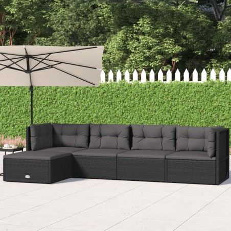 5 pcs conjunto lounge de jardim c/ almofadões vime PE preto