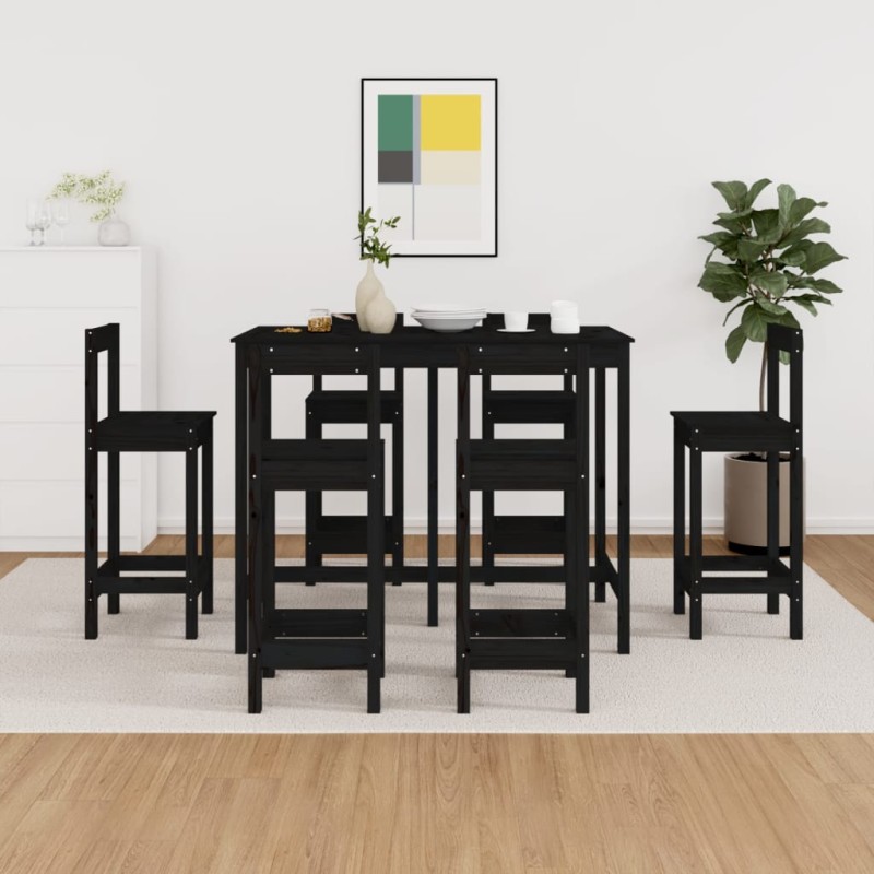 7 pcs conjunto de bar pinho maciço preto-Conjuntos de móveis para cozinha e sala de jantar-Home Retail