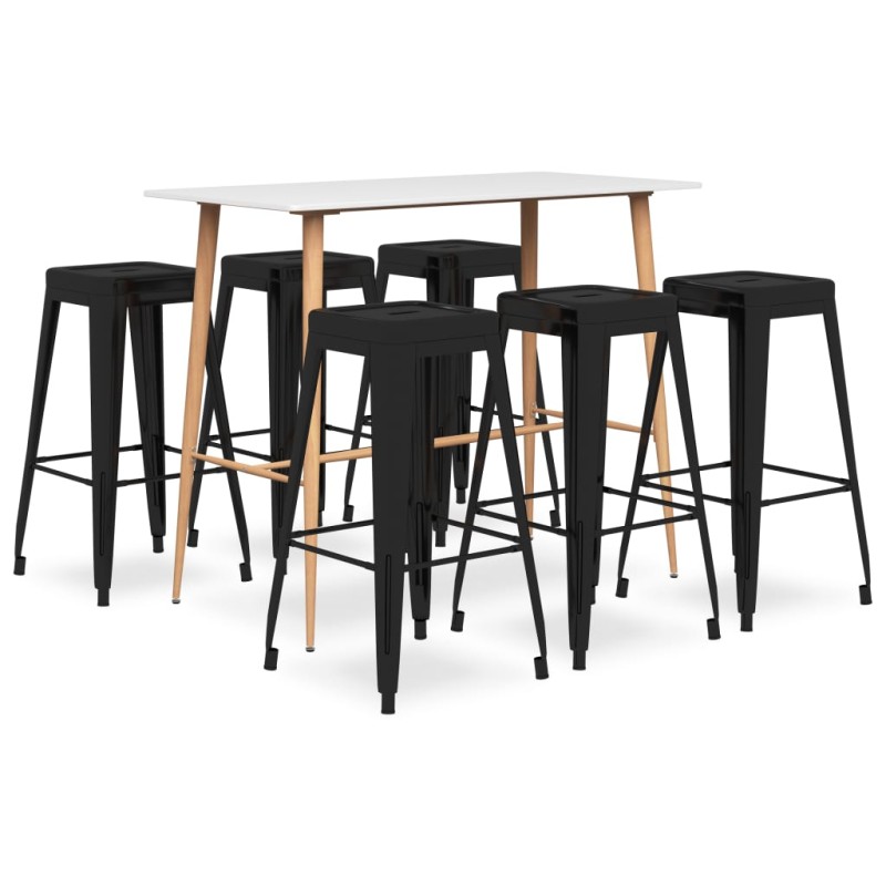 7 pcs conjunto de bar branco e preto-Conjuntos de móveis para cozinha e sala de jantar-Home Retail