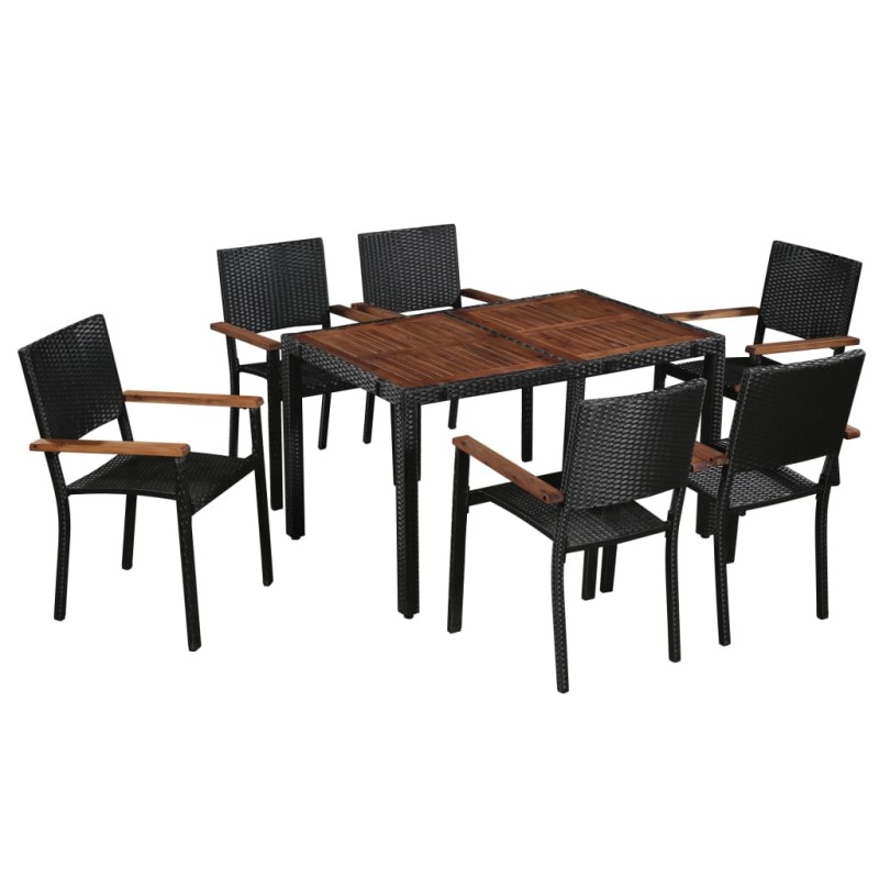 7 pcs conjunto jantar exterior vime PE e madeira acácia preto-Conjuntos de jardim-Home Retail