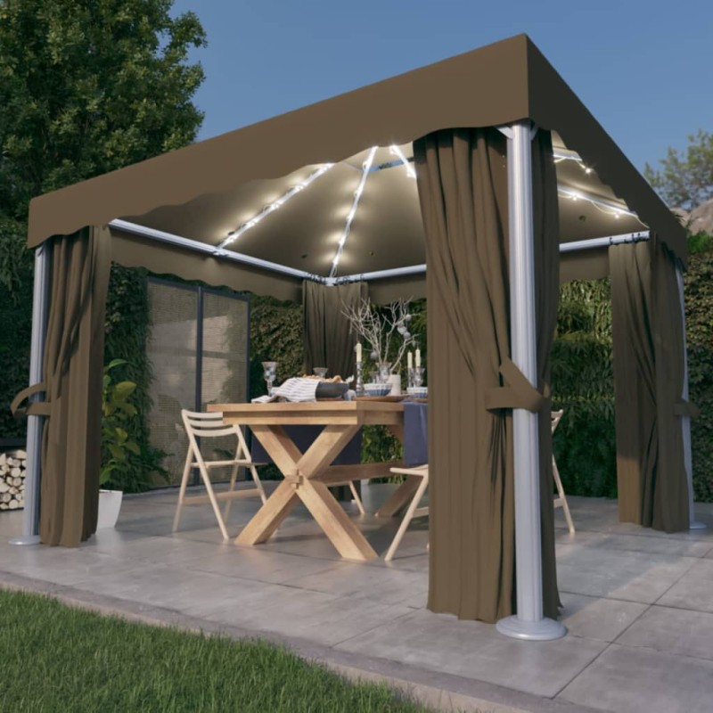 Gazebo com cortinas e cordões de luzes LED 3x3 m cinza-acastan.-Toldos e gazebos-Home Retail