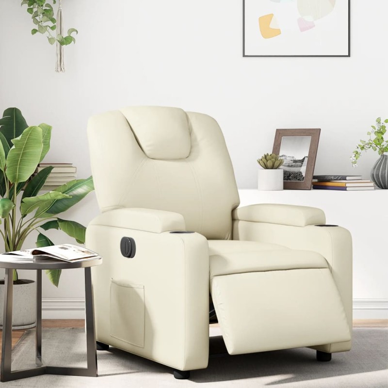 Poltrona reclinável elétrica couro artificial cor creme-Poltronas-Home Retail