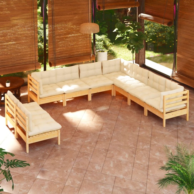 9 pcs conjunto lounge jardim c/ almofadões creme pinho maciço-Conjuntos de jardim-Home Retail