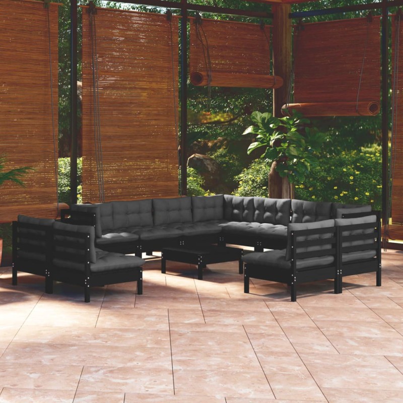 12 pcs conjunto lounge jardim c/ almofadões pinho maciço preto-Conjuntos de jardim-Home Retail