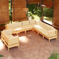 9 pcs conjunto lounge jardim c/ almofadões creme pinho maciço