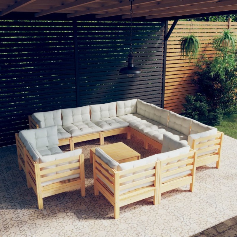 12 pcs conjunto lounge jardim c/ almofadões creme pinho maciço-Conjuntos de jardim-Home Retail