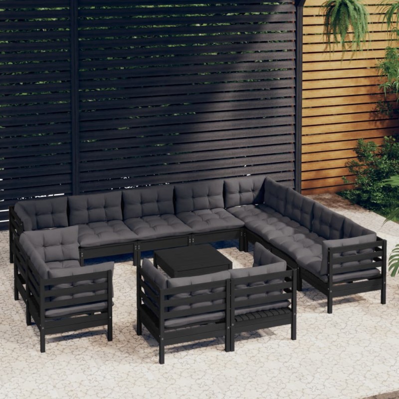 13 pcs conjunto lounge jardim c/ almofadões pinho maciço preto-Conjuntos de jardim-Home Retail