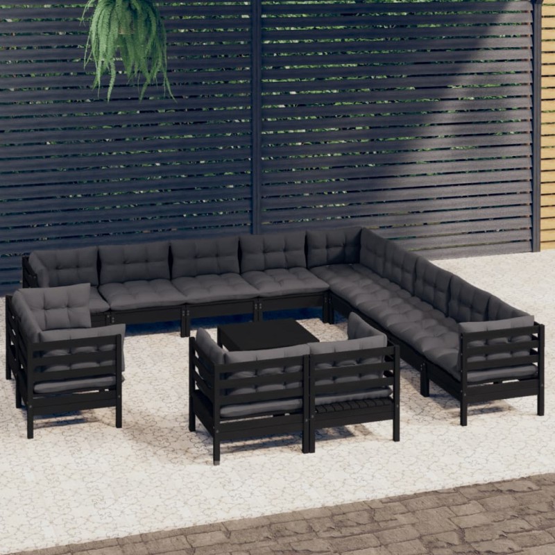 14 pcs conjunto lounge jardim c/ almofadões pinho maciço preto-Conjuntos de jardim-Home Retail