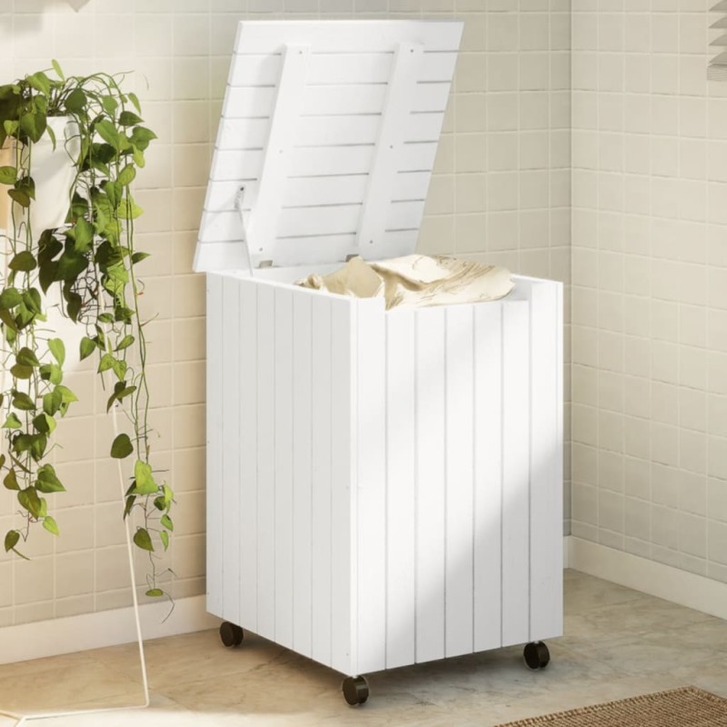 Cesto de roupa com rodas RANA 45x45x64 cm pinho maciço branco-Cestos para lavandaria-Home Retail