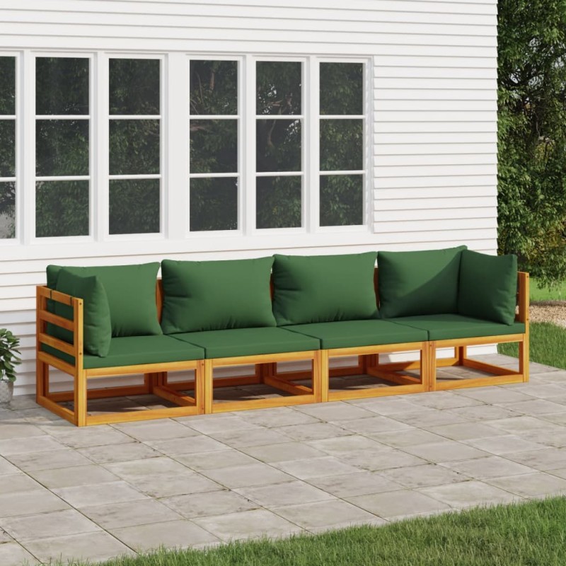 4 pcs conj. lounge jardim madeira c/almofadões verdes-Conjuntos de jardim-Home Retail