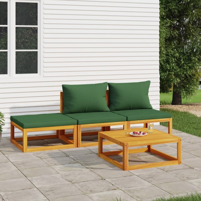 4 pcs conj. lounge jardim madeira c/almofadões verdes-Conjuntos de jardim-Home Retail