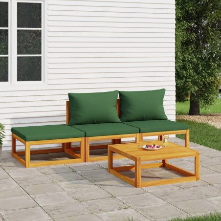 4 pcs conj. lounge jardim madeira c/almofadões verdes