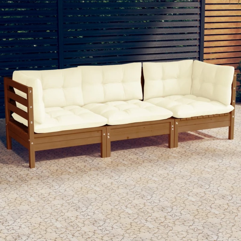 Sofá de jardim 3 lugares com almofadões cor creme pinho maciço-Sofás para exterior-Home Retail