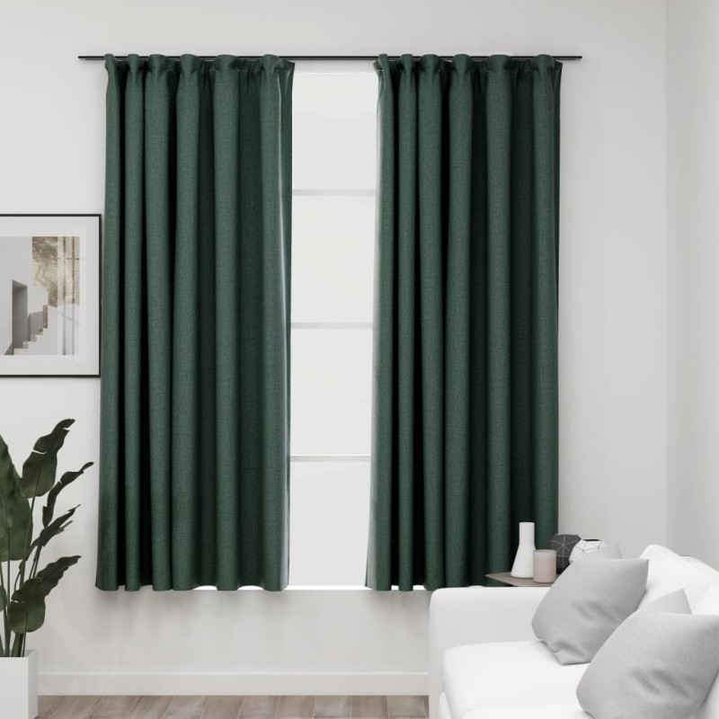 Cortinas opacas aspeto linho c/ ganchos 2 pcs 140x175 cm verde-Persianas e cortinas-Home Retail