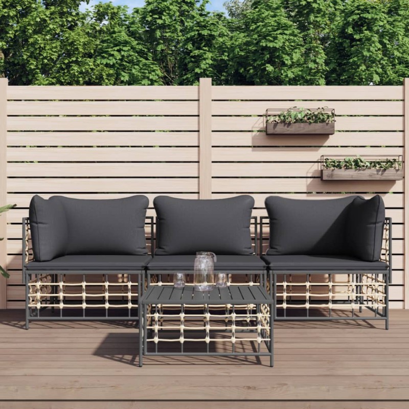 4 pcs conjunto lounge de jardim c/ almofadões vime PE antracite-Sofás para exterior-Home Retail