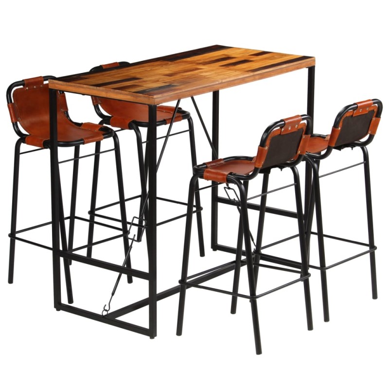 Conjunto de bar 5 pcs madeira recuperada + couro cabra genuíno-Conjuntos de móveis para cozinha e sala de jantar-Home Retail