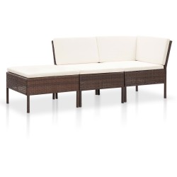 3 pcs conjunto lounge jardim c/ almofadões vime PE castanho