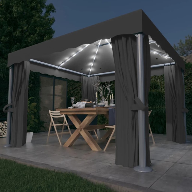 Gazebo com cortinas e cordões de luzes LED 3x3 m antracite-Toldos e gazebos-Home Retail