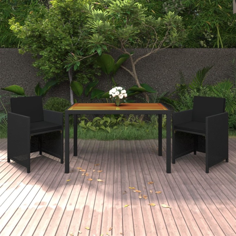 3 pcs conjunto de jantar p/ jardim c/ almofadões vime PE preto-Conjuntos de jardim-Home Retail