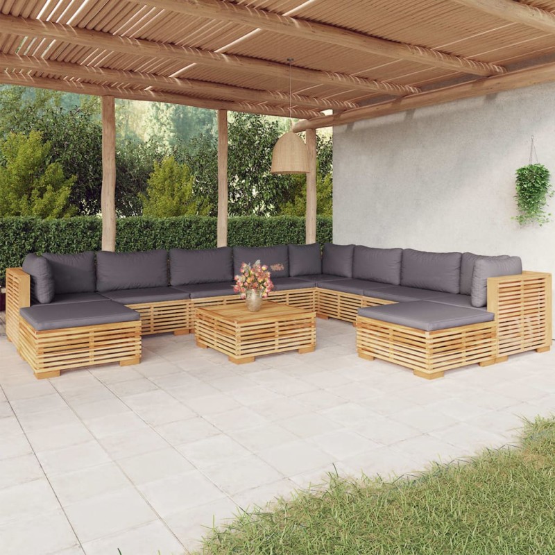 11 pcs conjunto lounge jardim c/ almofadões madeira teca maciça-Conjuntos de jardim-Home Retail