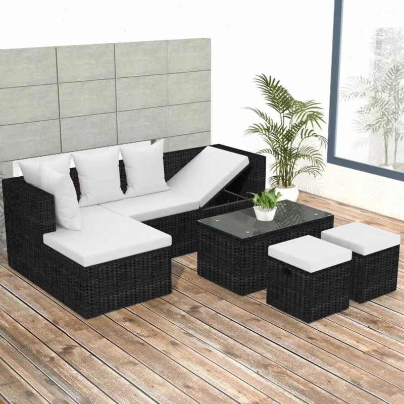 4 pcs conjunto lounge de jardim c/ almofadões vime PE preto-Conjuntos de jardim-Home Retail