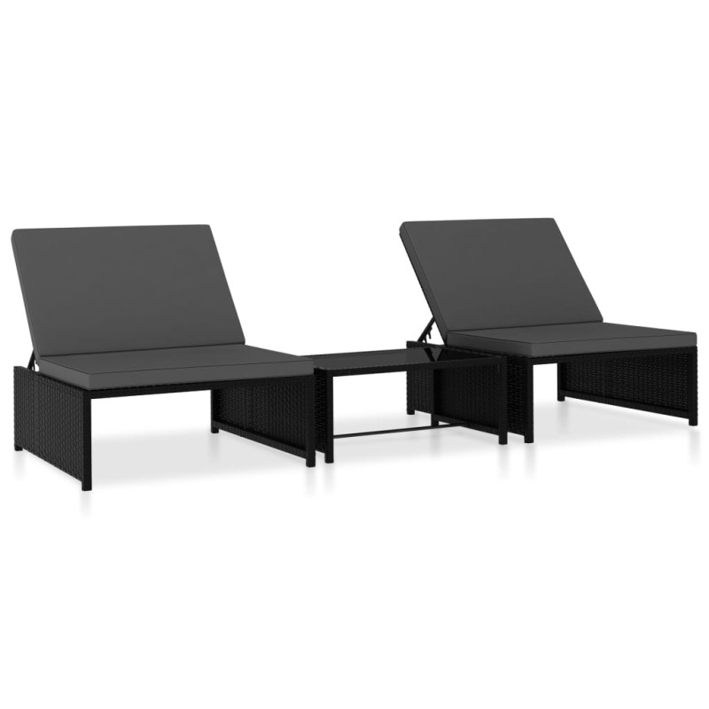 Cadeiras jardim reclináveis 2 pcs com mesa vime PE preto-Espreguiçadeiras-Home Retail