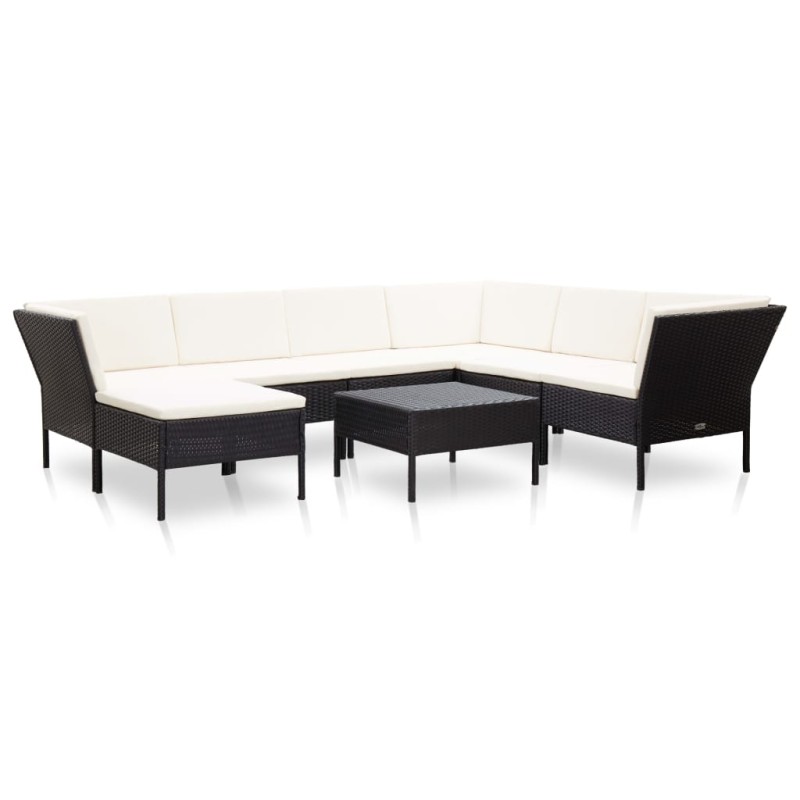 8 pcs conjunto lounge de jardim c/ almofadões vime PE preto-Conjuntos de jardim-Home Retail