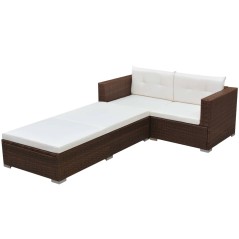 3 pcs conjunto lounge jardim c/ almofadões vime PE castanho