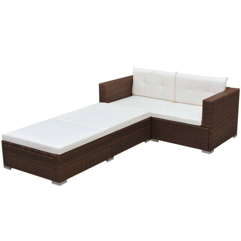 3 pcs conjunto lounge jardim c/ almofadões vime PE castanho-Conjuntos de jardim-Home Retail