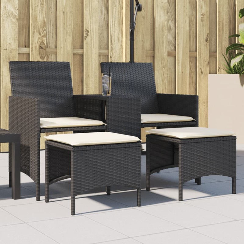 Sofá de jardim de 2 lugares com mesa e bancos vime PE preto-Sofás para exterior-Home Retail