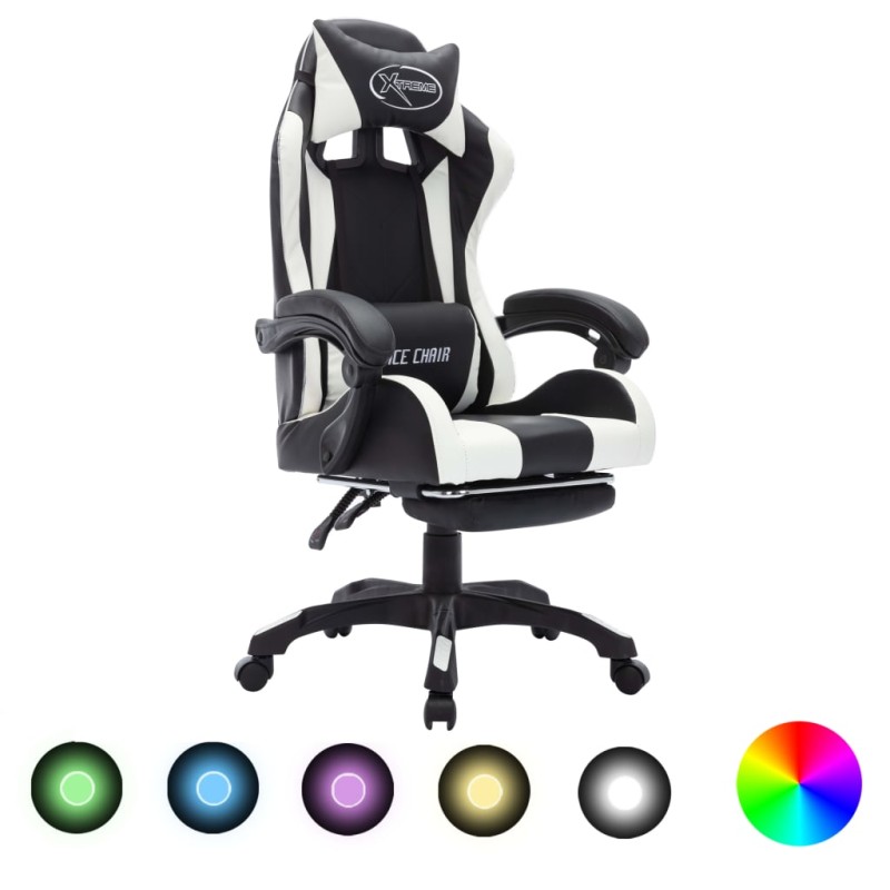 Cadeira estilo corrida luzes LED RGB couro artif. branco/preto-Cadeiras de escritório-Home Retail