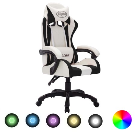 Cadeira estilo corrida luzes LED RGB couro artif. branco/preto